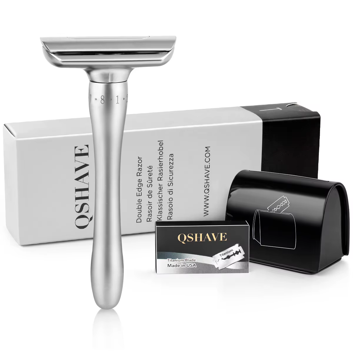 QShave – rasoir de sécurité réglable avec couvercle magnétique, 1 rasoir, 1 étui jetable et 5 lames