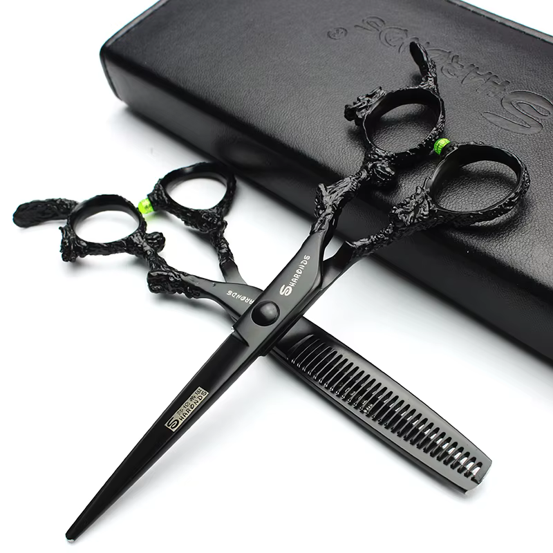 Sharonds-Ciseaux de Coupe Professionnels en Acier 440c, 6/7/8 Argent, Manche Dragon Noir, pour Salon