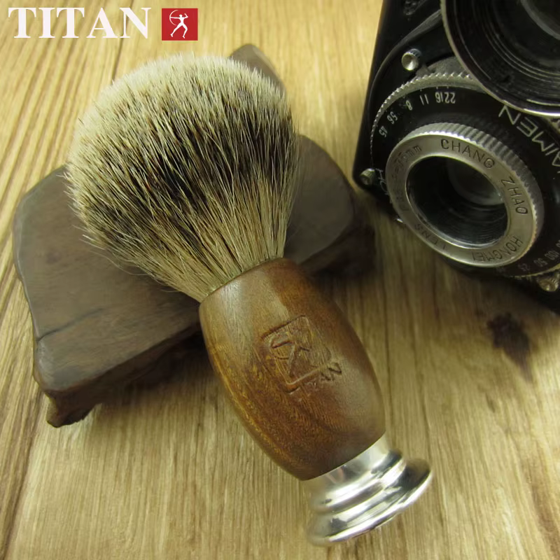 Titan-Brosse de barbier avec manche en bois naturel, blaireau, blaireau, cadeau