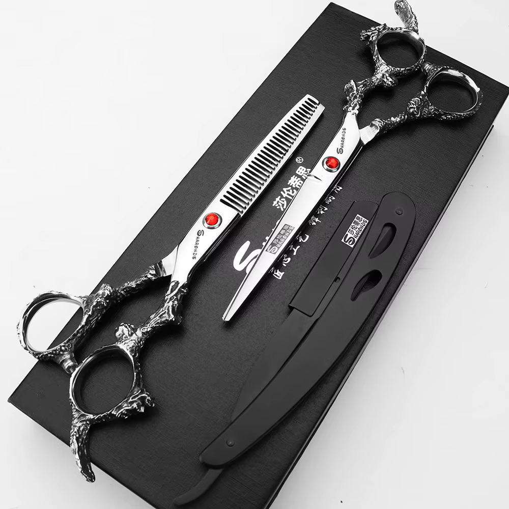 Sharonds-Ciseaux de Coupe Professionnels en Acier 440c, 6/7/8 Argent, Manche Dragon Noir, pour Salon