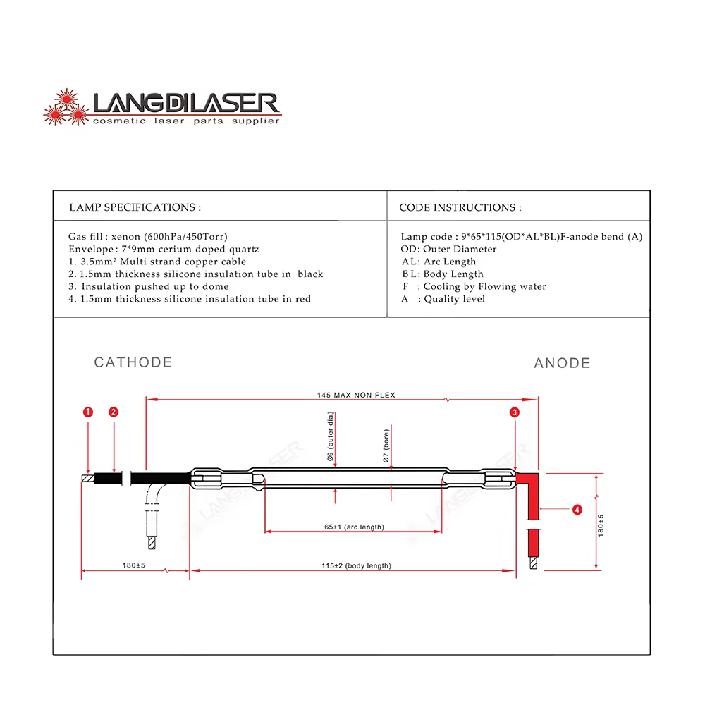Ampoules laser IPL : 9*65*115F - courbure d'anode, lampe flash IPL pour pièce à main honkonlaser, la
