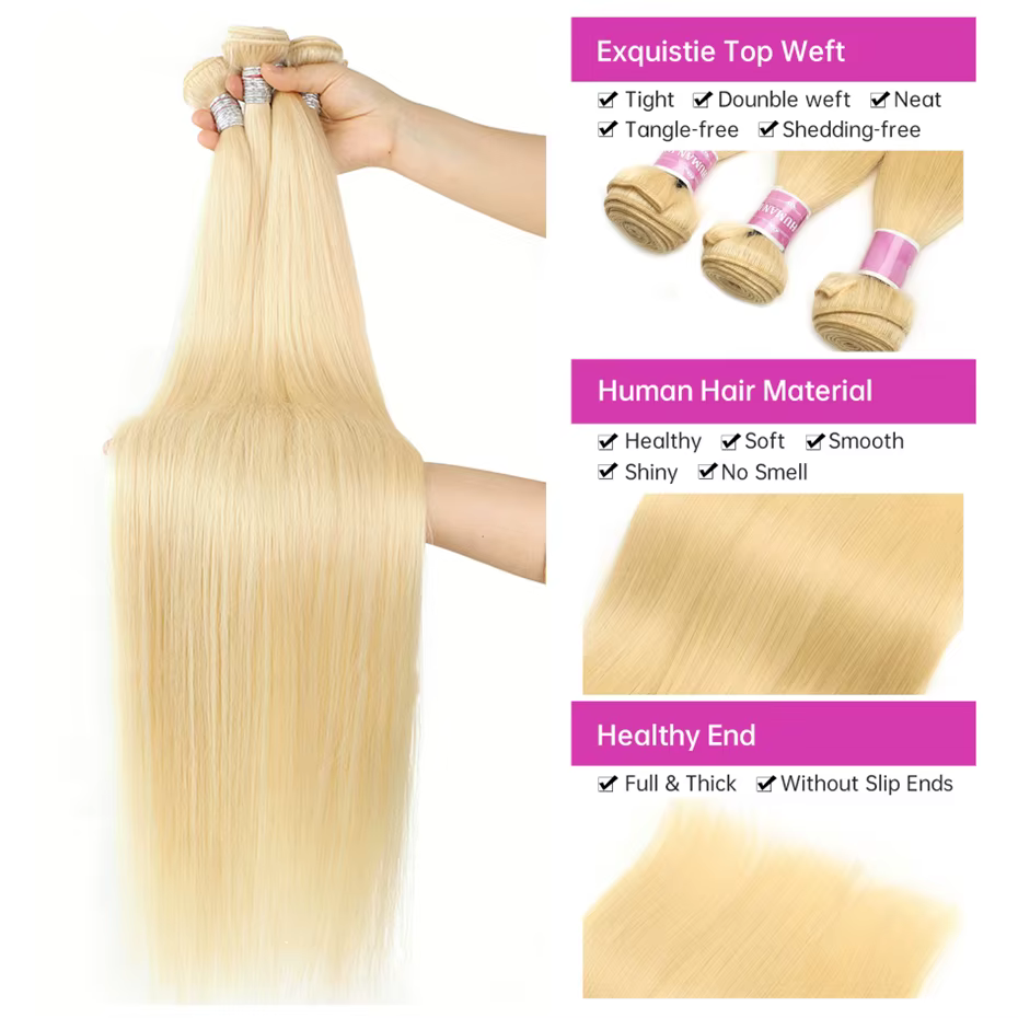Tissage en Lot Brésilien Naturel Remy Lisse Blond 613, Extensions de Cheveux Humains, 30 34 36 38 40