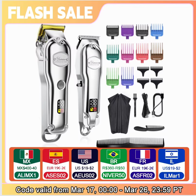 Hatteker professionnel coupe-cheveux homme tondeuse à cheveux ensemble métal électrique sans fil ton