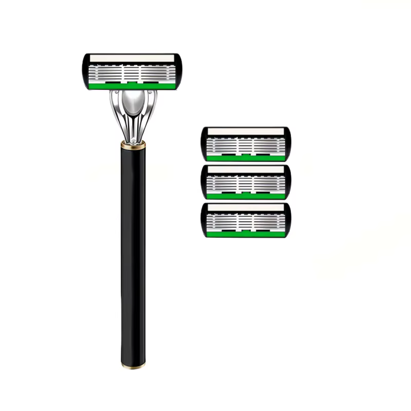 3 pièces/1 manche + 36 lames, rasoir manuel classique premium à 6 couches vert pour hommes