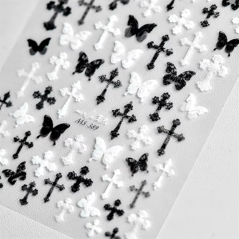 Femme Sexy noir blanc dentelle papillon croix 5D doux en relief Relief auto-adhésif Nail Art décorat