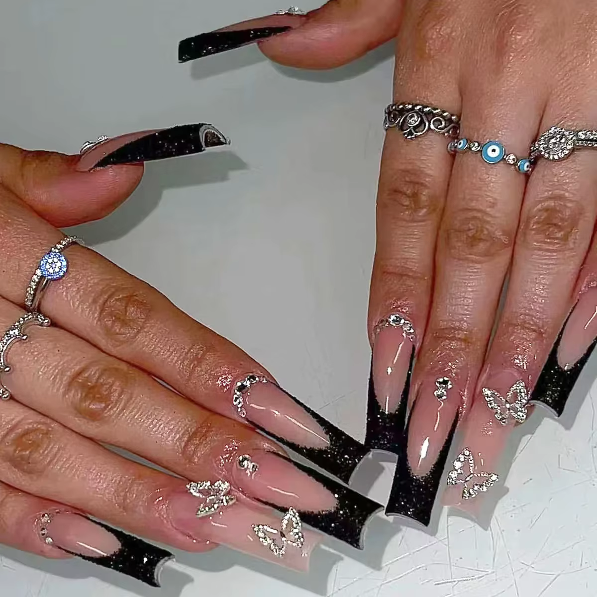24 pièces noir français presse sur faux ongles diamants arc conception faux ongles élégant paillette