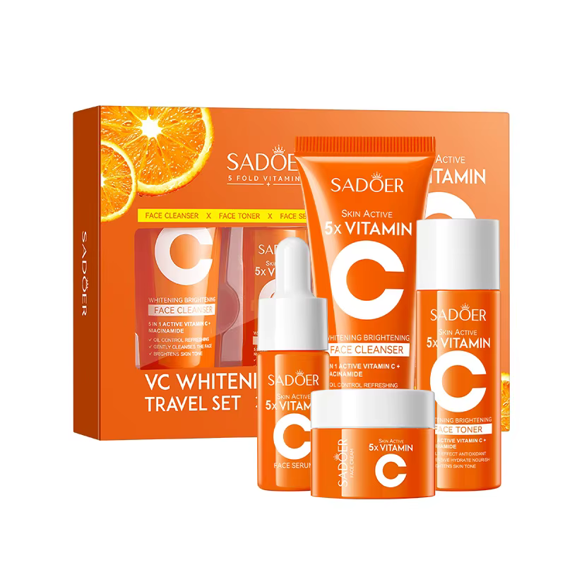 Ensemble de soins de la peau portable à la vitamine C en 4 pièces, nettoyant visage, tonique, essenc