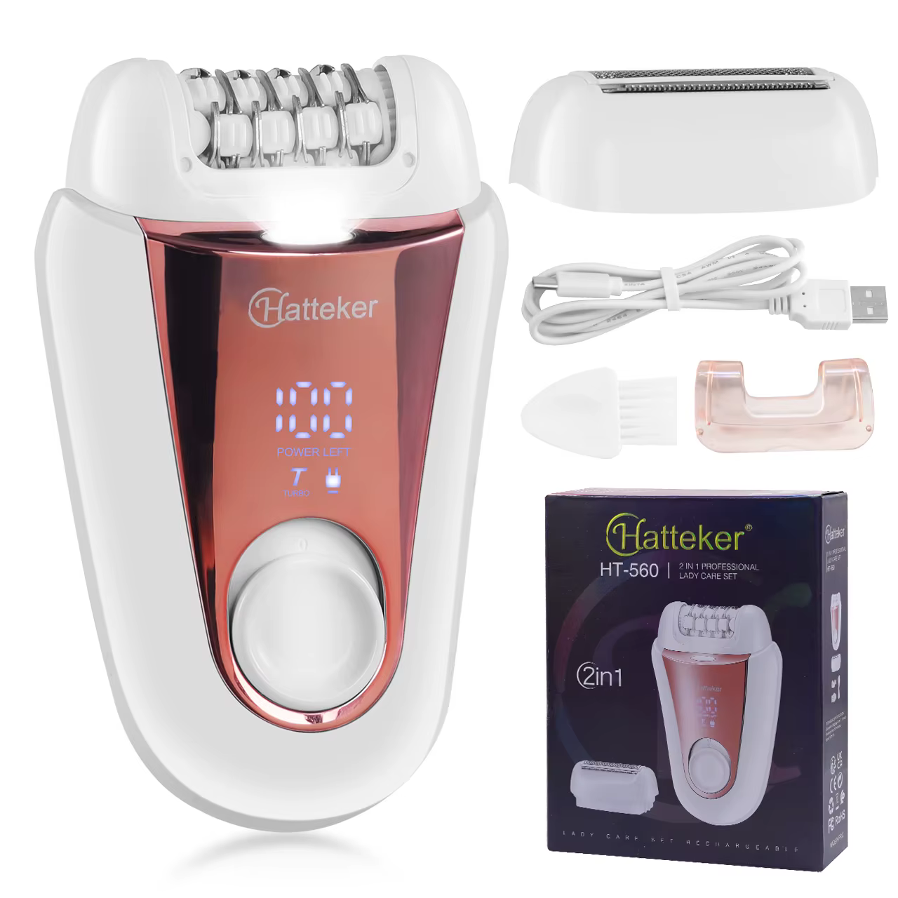 Épilateur rechargeable 2-en-1 Hatteker pour femme, électrique, pour l'épilation du visage, des jambe