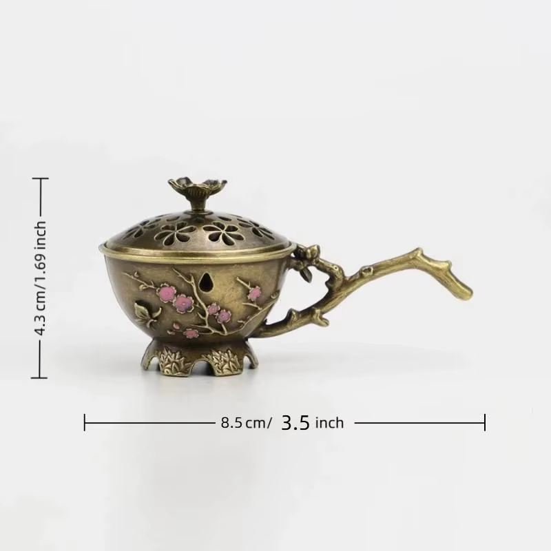 Brûleur d'encens en alliage de zinc creux en forme de fleur de prunier avec poignée, porte-encens ré
