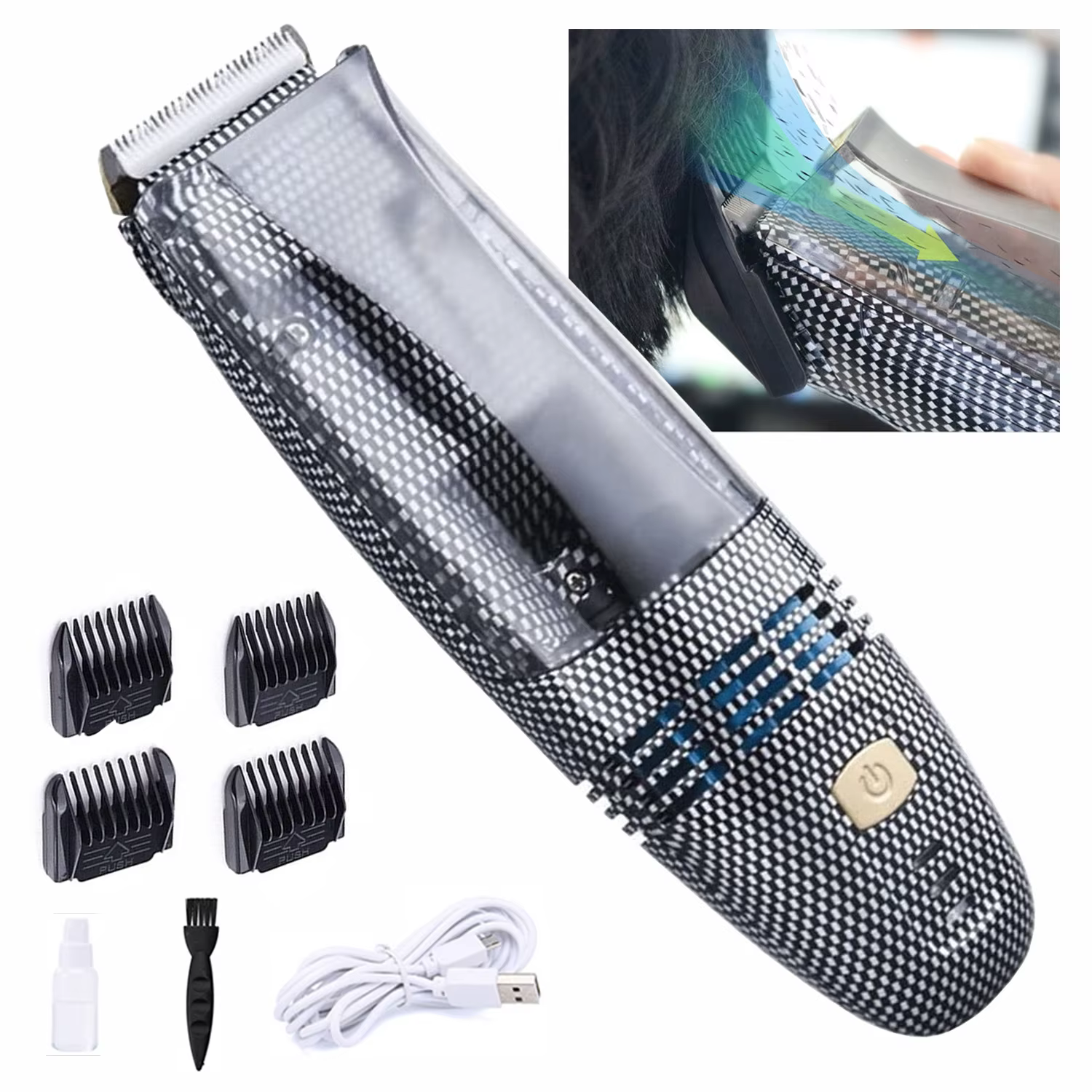 Tondeuse à cheveux électrique à aspiration automatique pour hommes, aste par USB, avec 4 peignes de 