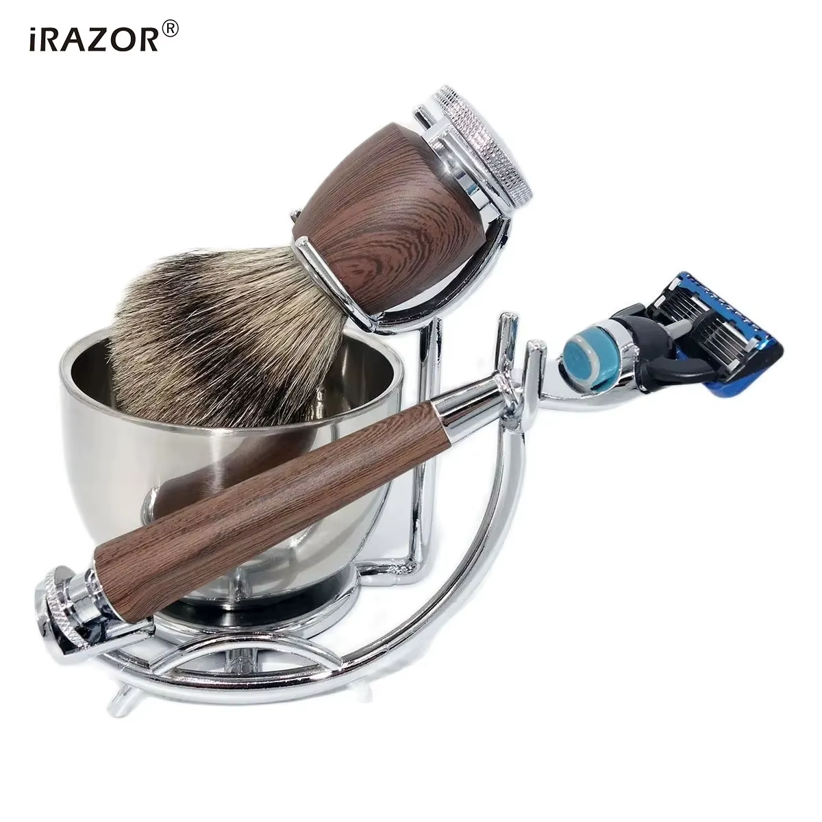 IRAZOR-Kit de rasage professionnel KT5 avec brosse blaireau naturelle, rasoir RosFrederick Mars étan