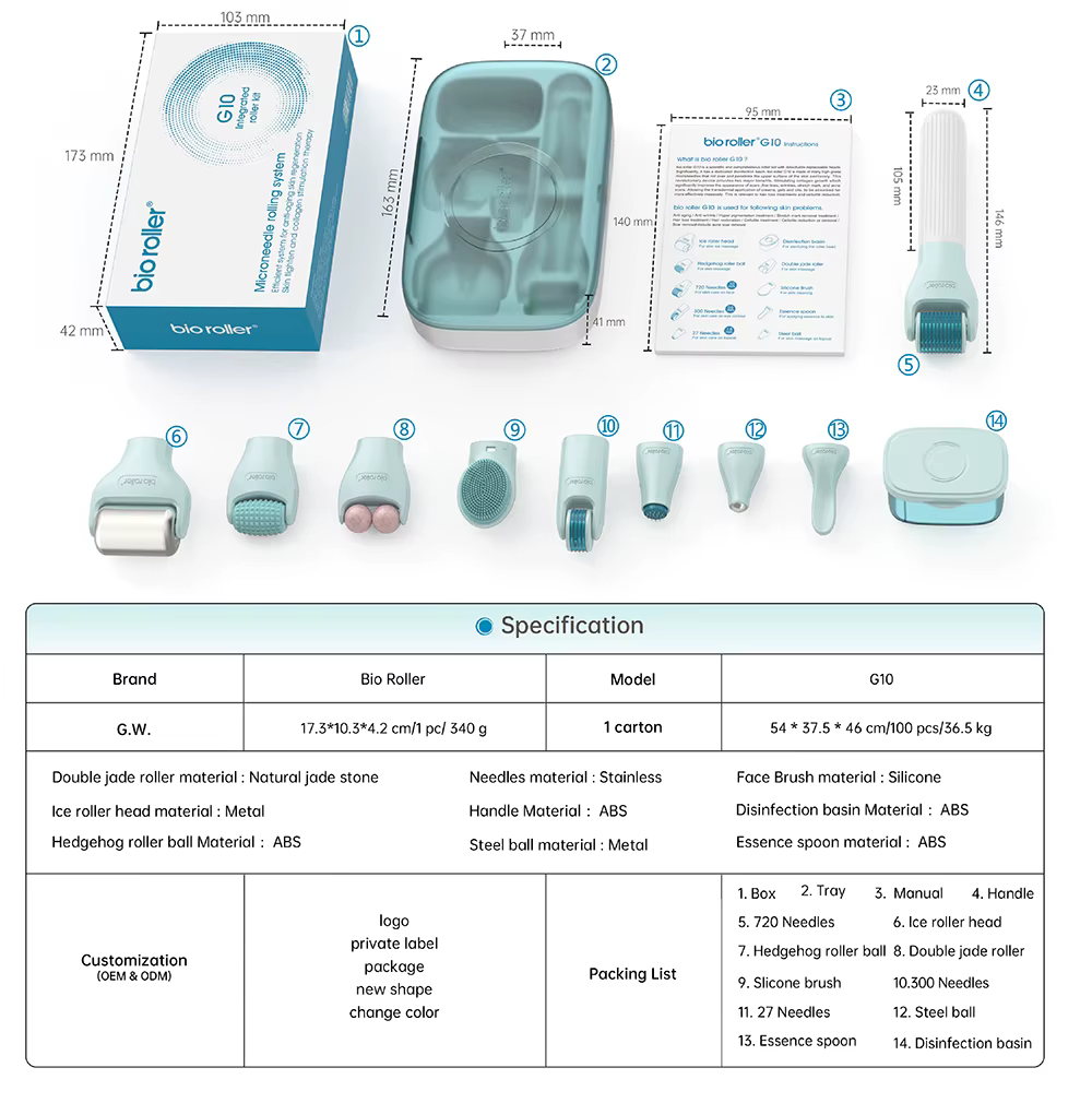 Kit Bio Roller G10 10 en 1 pour la croissance des cheveux, visage, corps, micro-aiguilletage, boule
