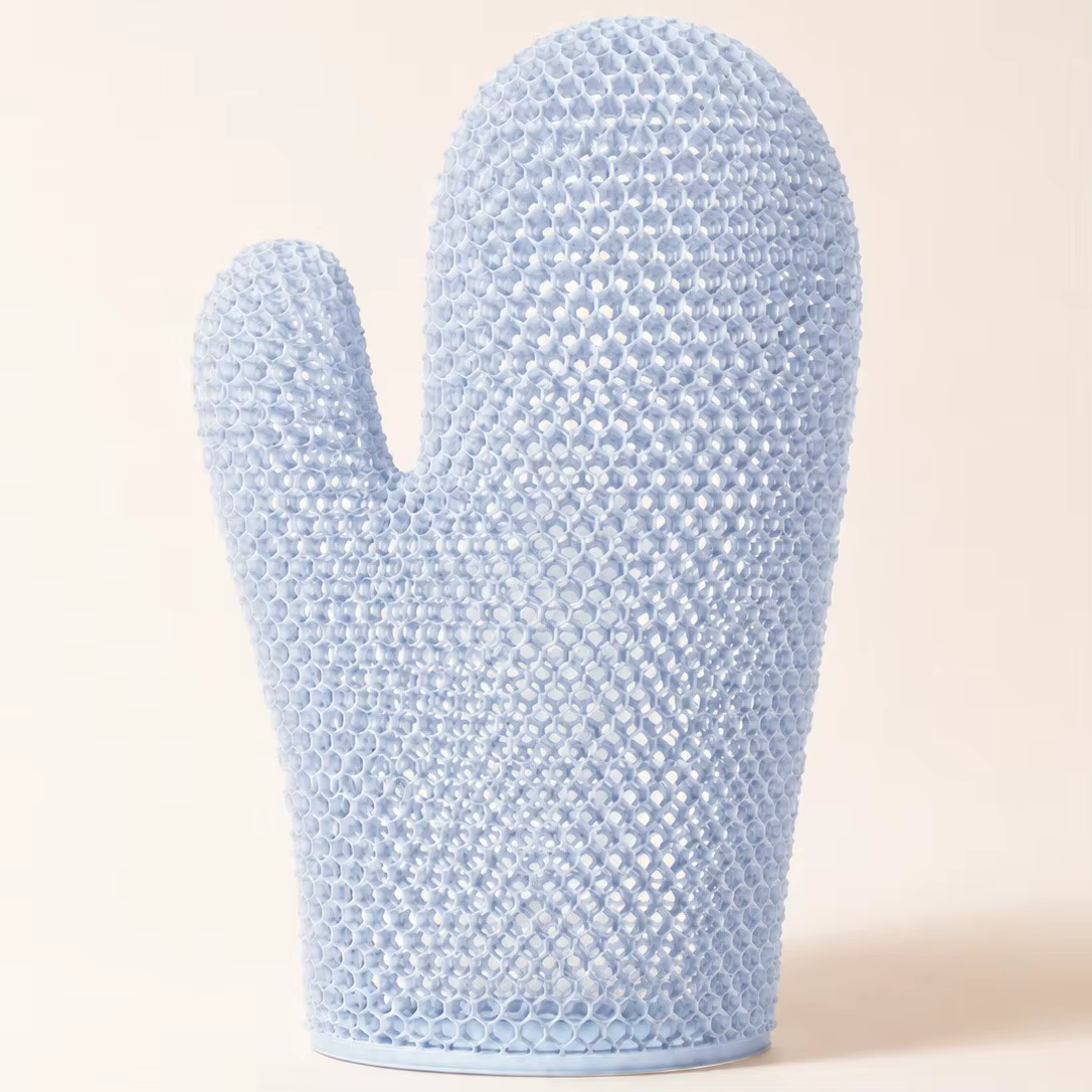 Gant de douche exfoliant avec tissage alvéolé coloré et matériau antibactérien TPU haute élasticité 