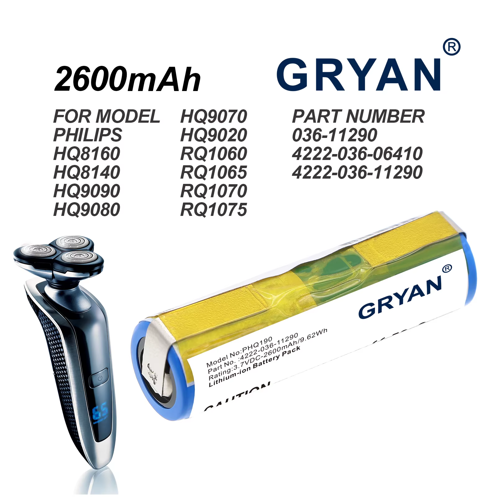 Batterie de remplacement RQ12 2600mAh pour rasoirs Philips RQ1250 RQ1260 RQ1280 RQ1290 RQ1150X RQ116