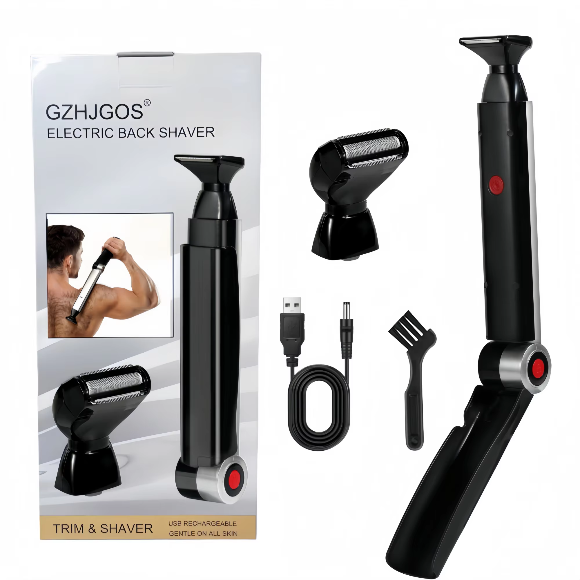 Rasoir électrique pour le dos 2 en 1, tondeuse à poils du visage, rasoir rechargeable, poignée pliab