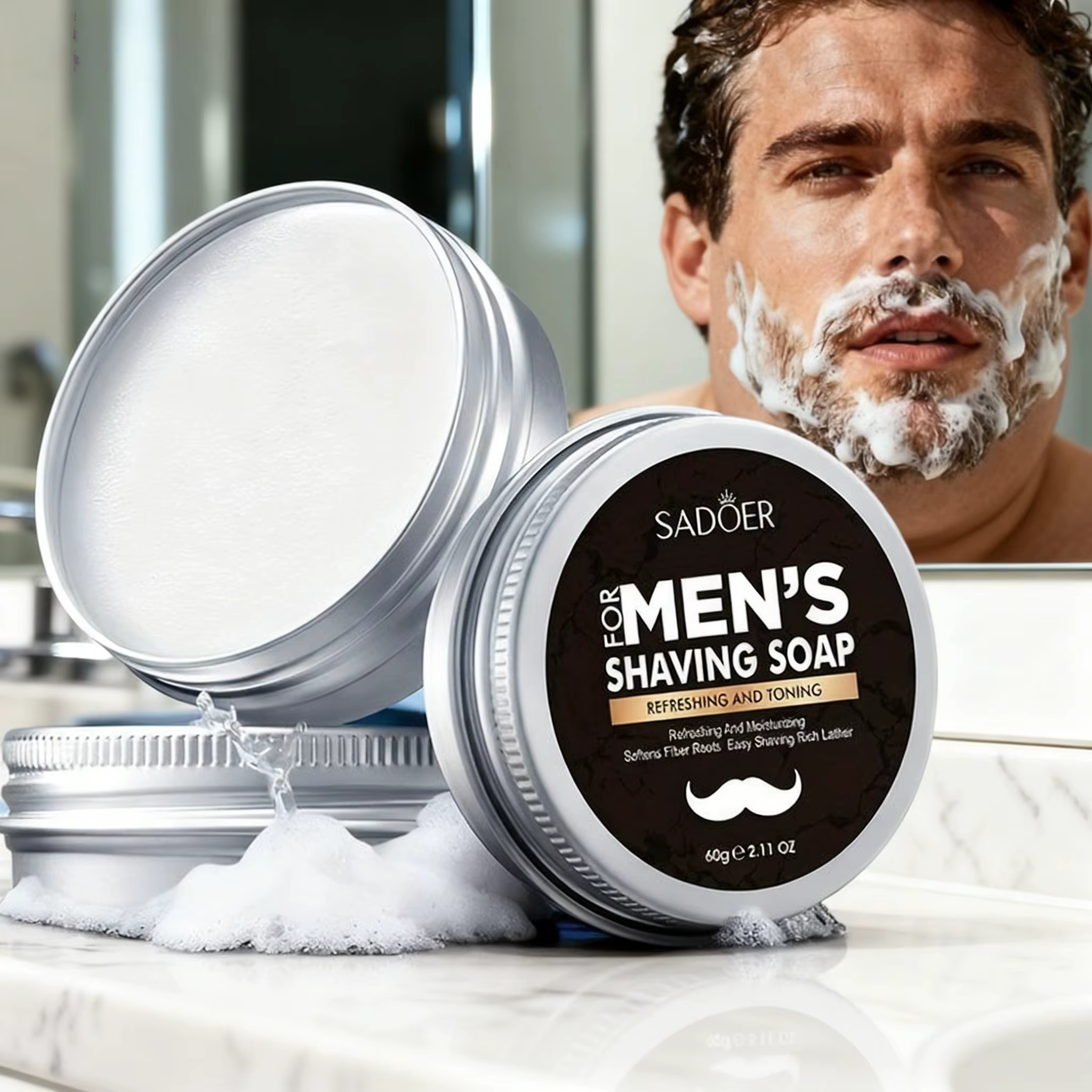 Savon à raser pour homme 60g, contenant de l'extrait de menthe, de l'huile de fruit d'olive, du toco