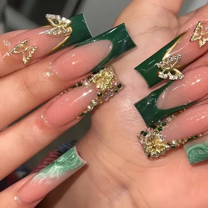 24 pièces noir français presse sur faux ongles diamants arc conception faux ongles élégant paillette