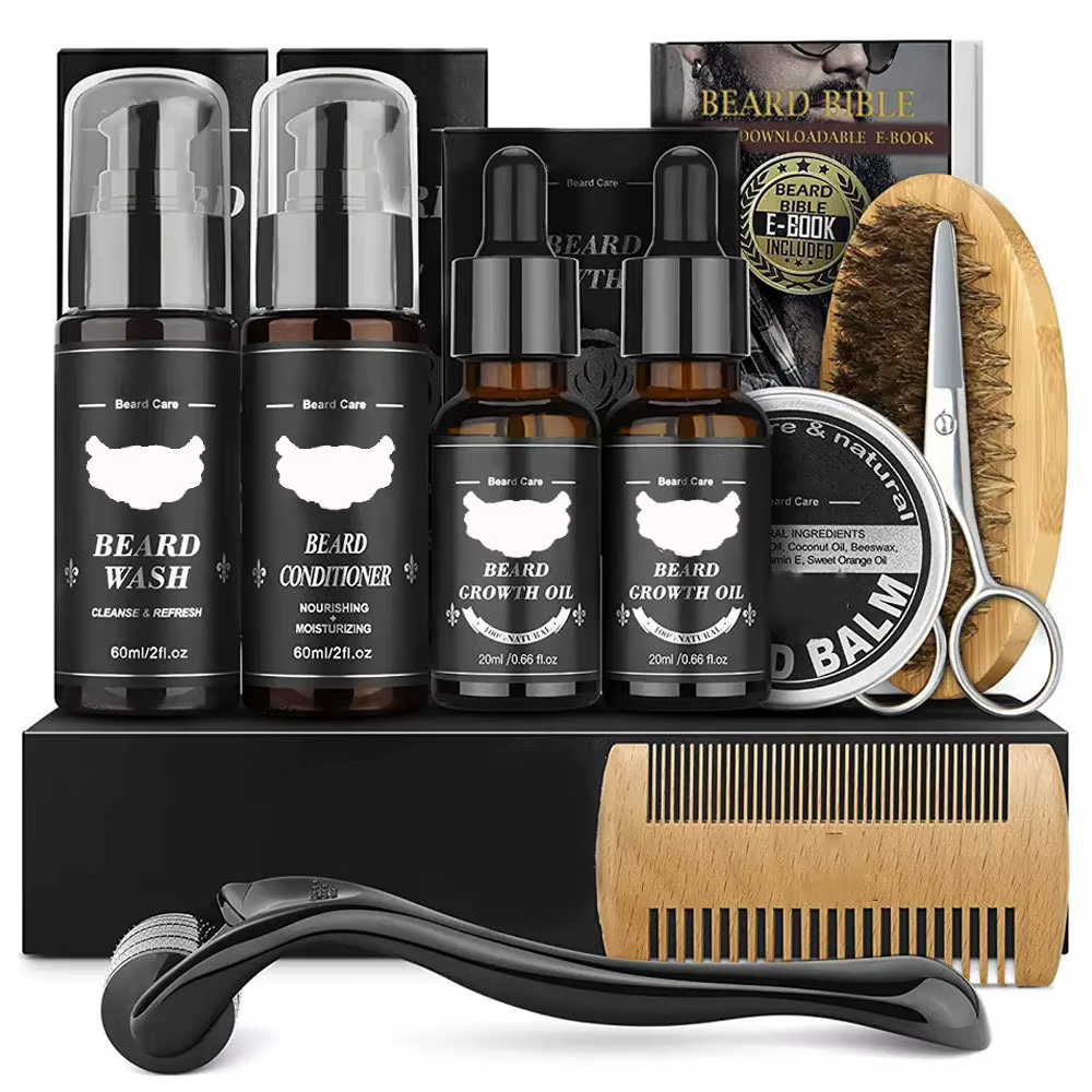 Ensemble complet de soins pour barbe homme 9 pièces : peigne à barbe, baume, peigne double face avec