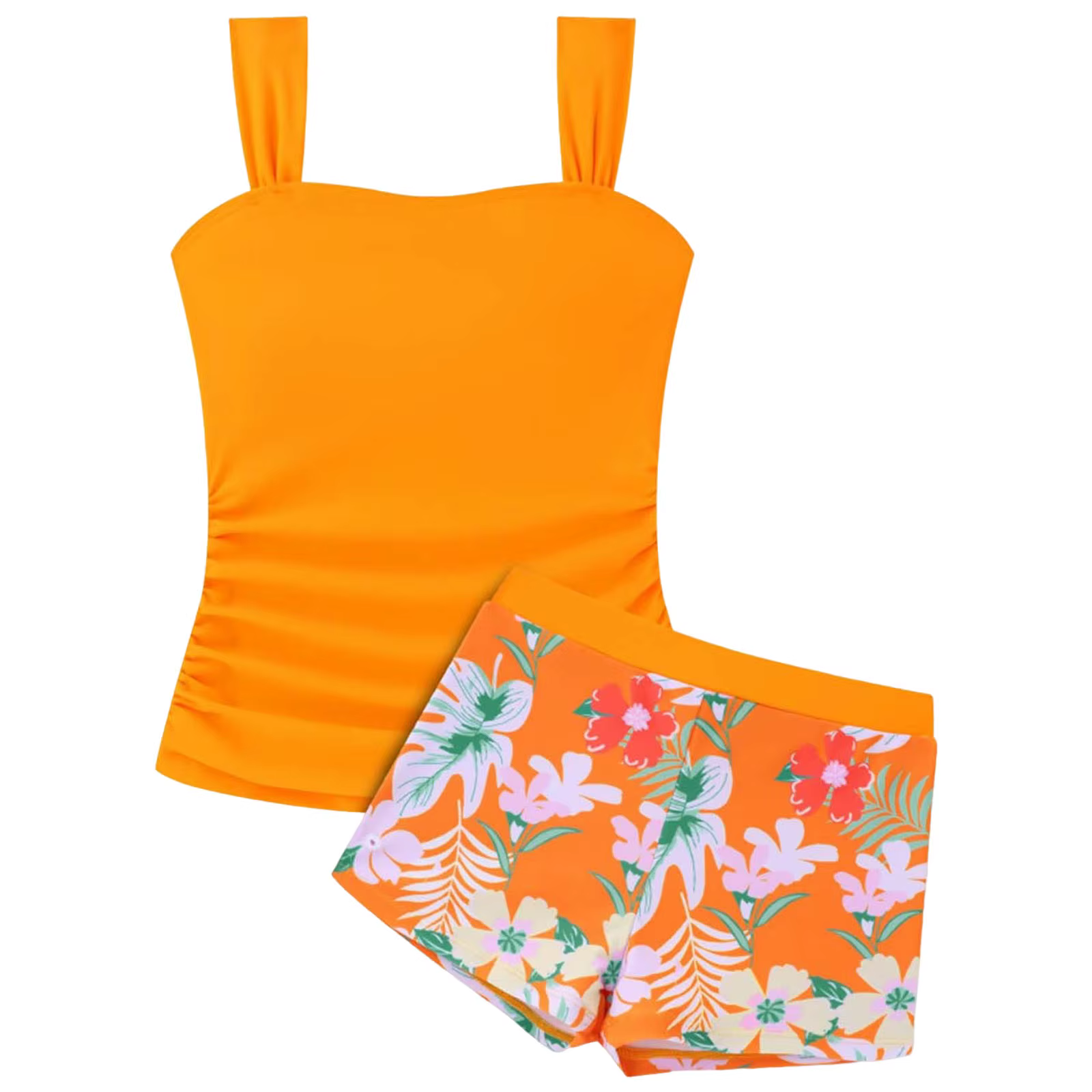 Maillot de bain 2 pièces pour adolescentes 2026 : Haut tankini uni à col carré froncé sur le côté et