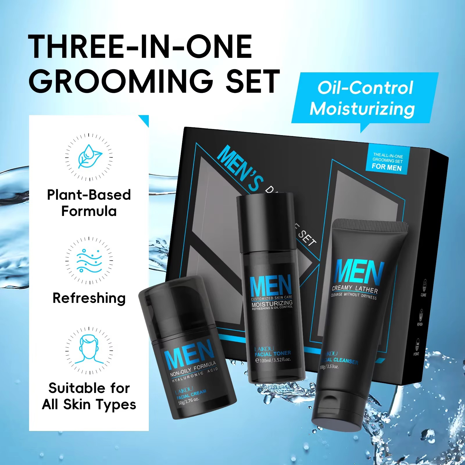 Ensemble de toilettage 3 en 1 pour hommes, crème Toner nettoyante, hydratante, rafraîchissante, cont