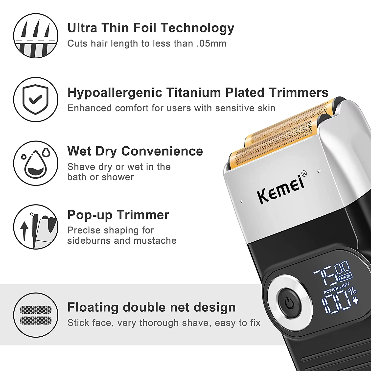 Kemei KM-2026 KM-2027 2 en 1 rasoir électrique Rechargeable LCD rasoir alternatif pour hommes USB ch