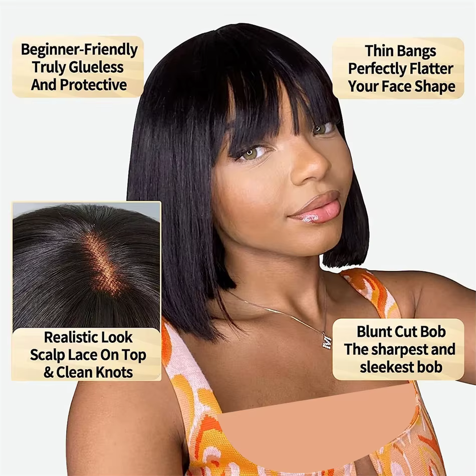 WiggKnitting-Perruque Bob Lace Wig avec Frange, Cheveux Naturels Lisses, Faite à la Machine, Partie