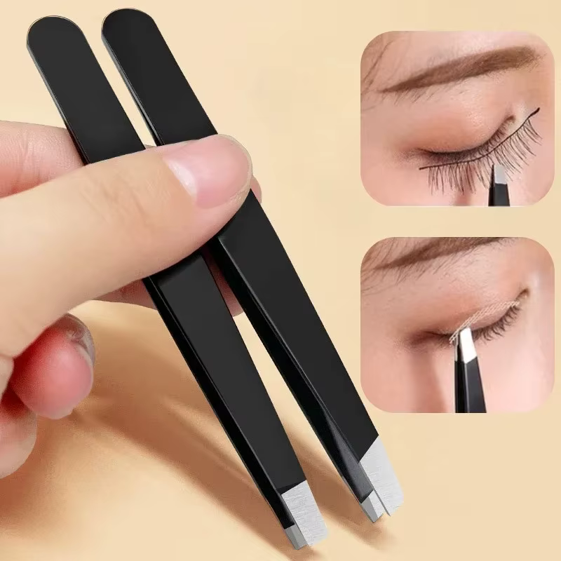 Pince à sourcils noire en acier inoxydable, avec pointe inclinée et plate, outils de beauté pour pin