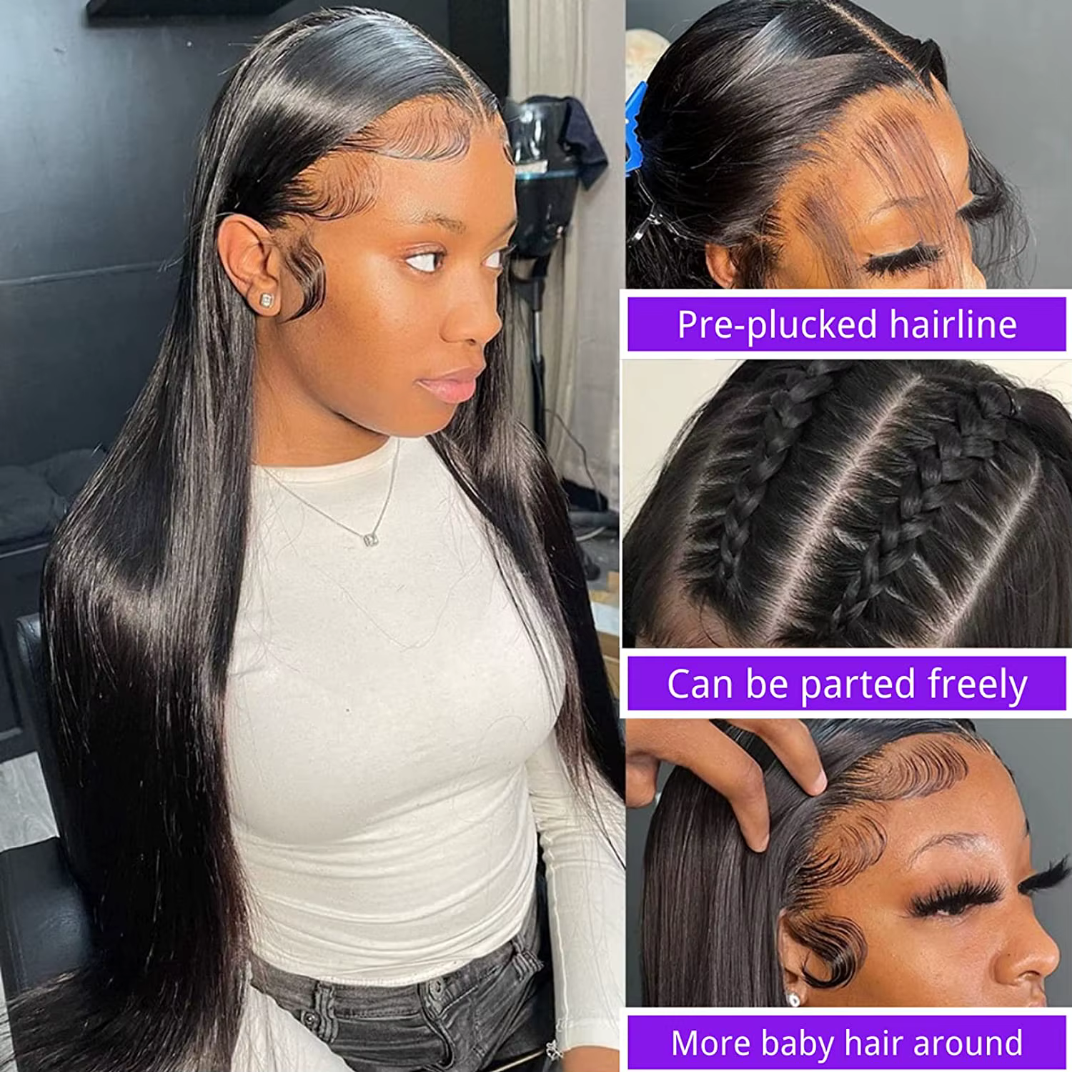 Perruque Lace Front Wig sans colle naturelle, cheveux lisses, 13x6, 5x5, 13 tage, densité 180, bon m