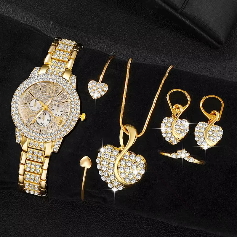 Montre à Quartz Dorée de Luxe pour Femme, Ensemble de Bijoux, Bague, Collier, Boucles d'Oreilles, St