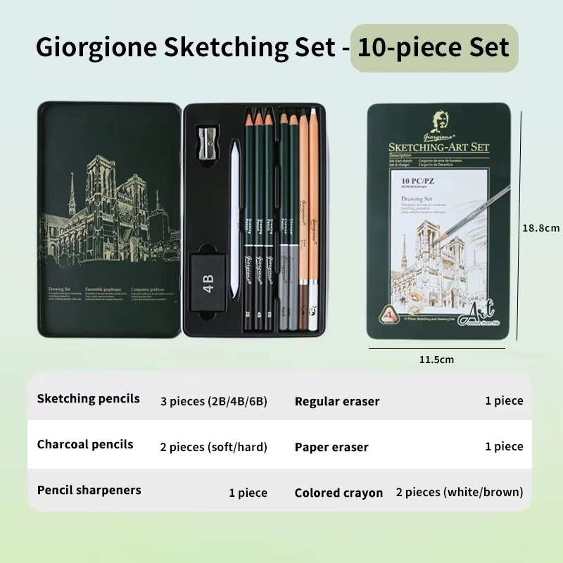 GOIRGIONE Pro Sketch Set 10/12/19/27 crayons graphite et charbon de bois boîte de fer vert Portable