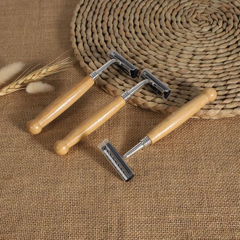 Rasoir manuel avec manche en bambou naturel pour hommes et femmes, utilisation en hôtel, à domicile