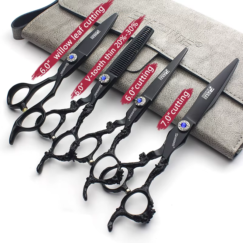 Sharonds-Ciseaux de Coupe Professionnels en Acier 440c, 6/7/8 Argent, Manche Dragon Noir, pour Salon