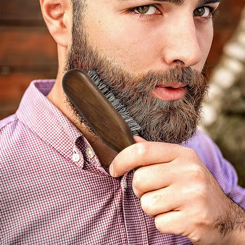 Brosse à barbe en poils de sanglier avec manche en bois, outil de rasage, brosse à cheveux en bois p