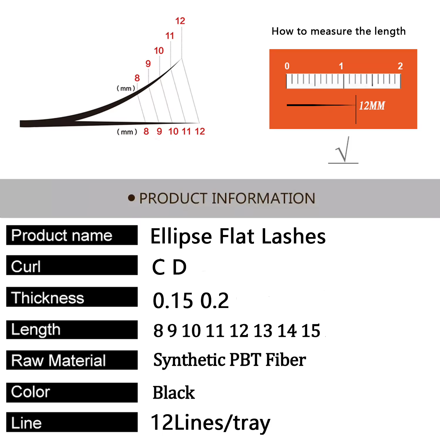 TDANCE 12 lignes 8-15mm Ellipse cils plats mat pointes fendues en forme d'extension de cils naturels
