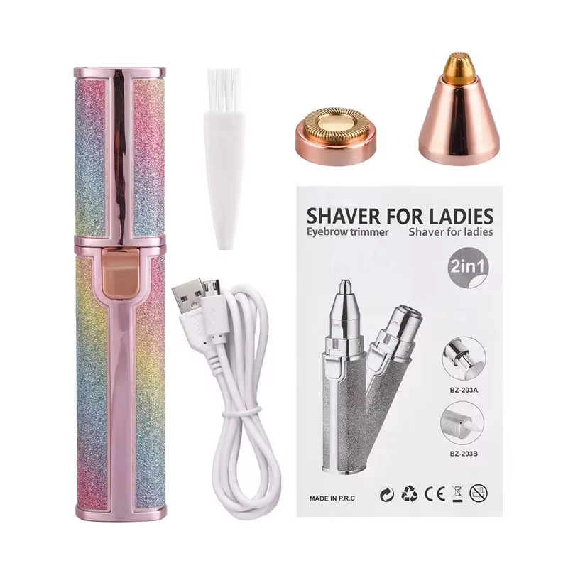 Épilateur électrique 2-en-1 avec lumière LED, tondeuse à sourcils et rasoir indolore pour une épilat