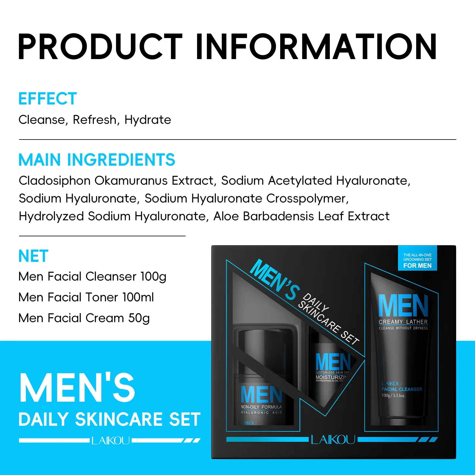 Ensemble de toilettage 3 en 1 pour hommes, crème Toner nettoyante, hydratante, rafraîchissante, cont