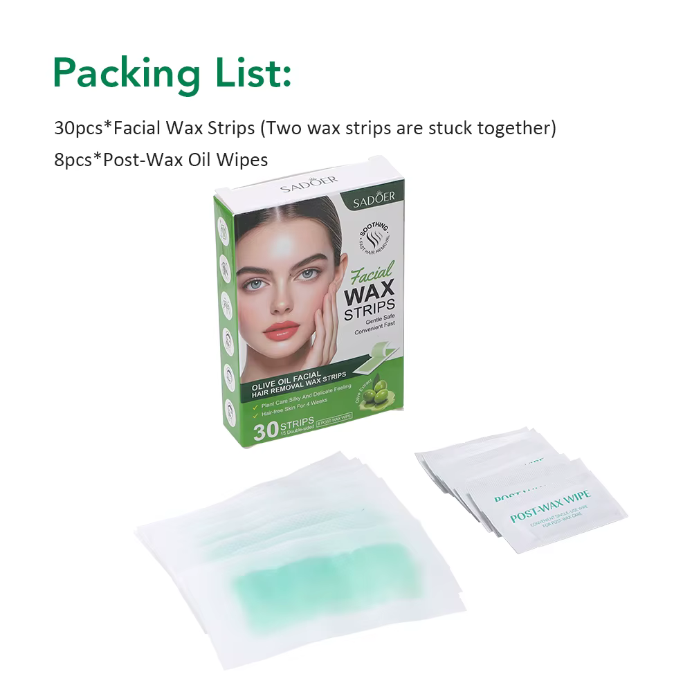 Bandes de cire épilatoire pour le visage 30 pièces bandes de cire pour le visage + 8 lingettes d'hui