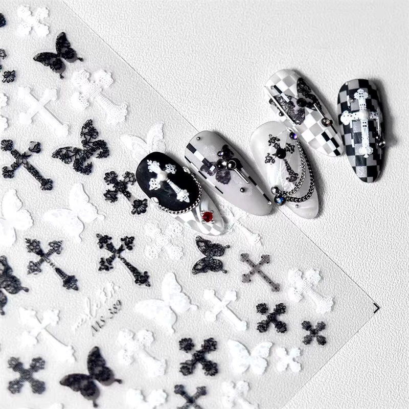 Femme Sexy noir blanc dentelle papillon croix 5D doux en relief Relief auto-adhésif Nail Art décorat