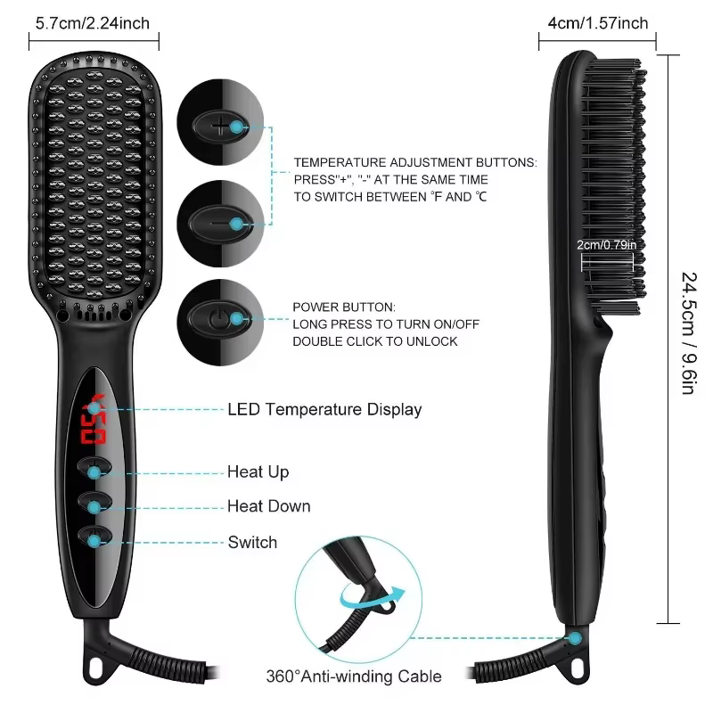 Peigne à barbe électrique, brosse à lisser, brosses à cheveux chaudes, anti-brûlure, brosse à lisser