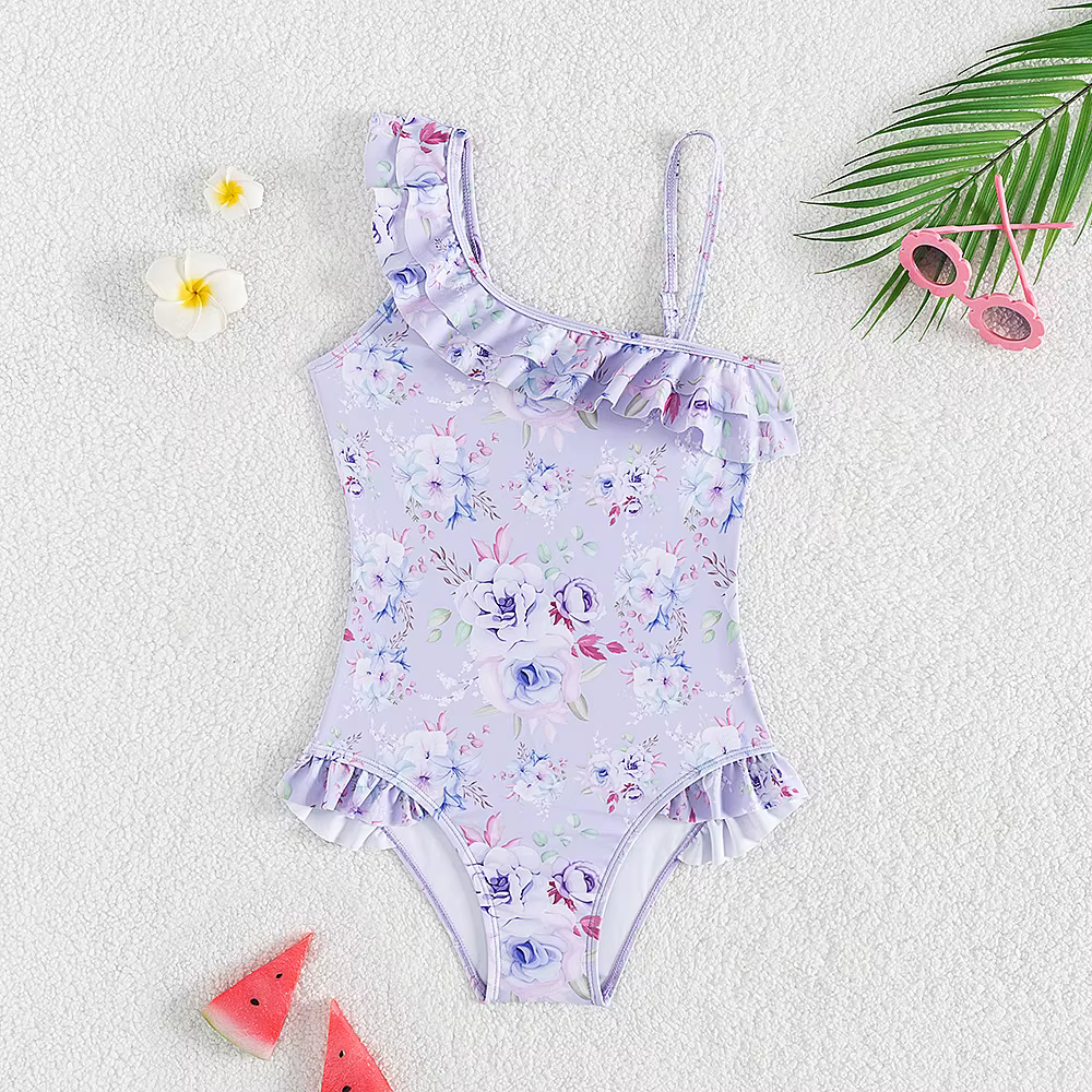 Maillot de bain une pièce pour adolescentes de 5 à 14 ans, imprimé Floral, à volants, manches volant