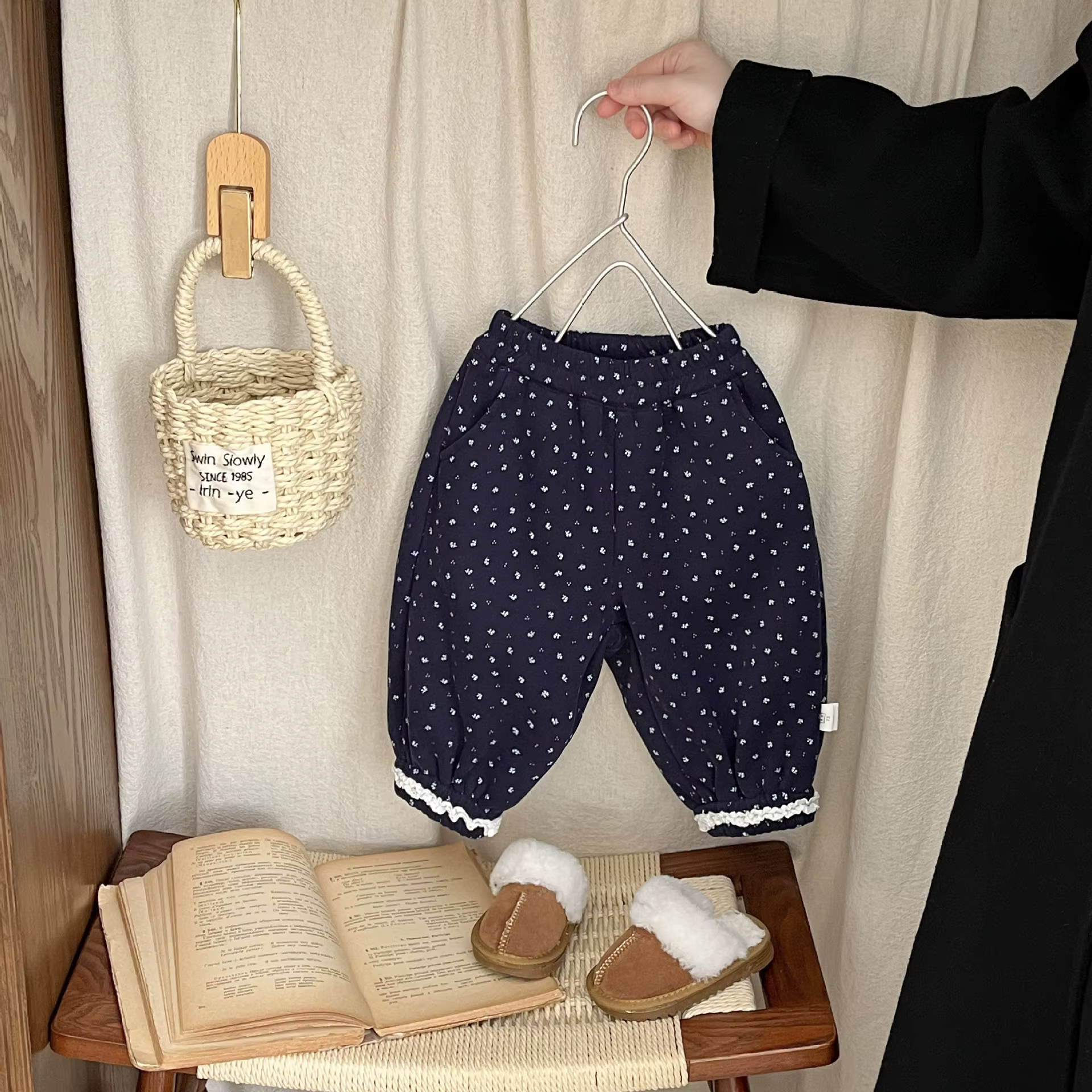 Pantalon doublé polaire pour enfants, pantalon de jogging épais à pois, Long et chaud, nouvelle coll