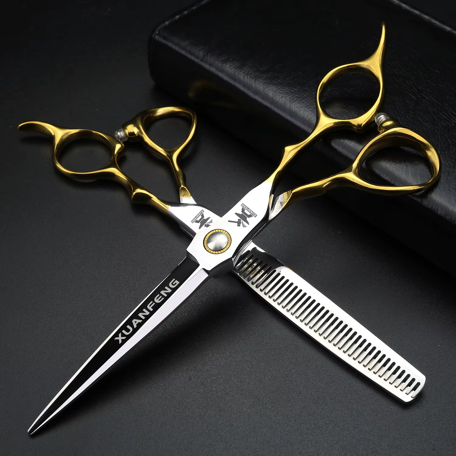 XUANFENG ciseaux à cheveux professionnels à poignée dorée 6.5 "440C ciseaux de coupe de barbier en a