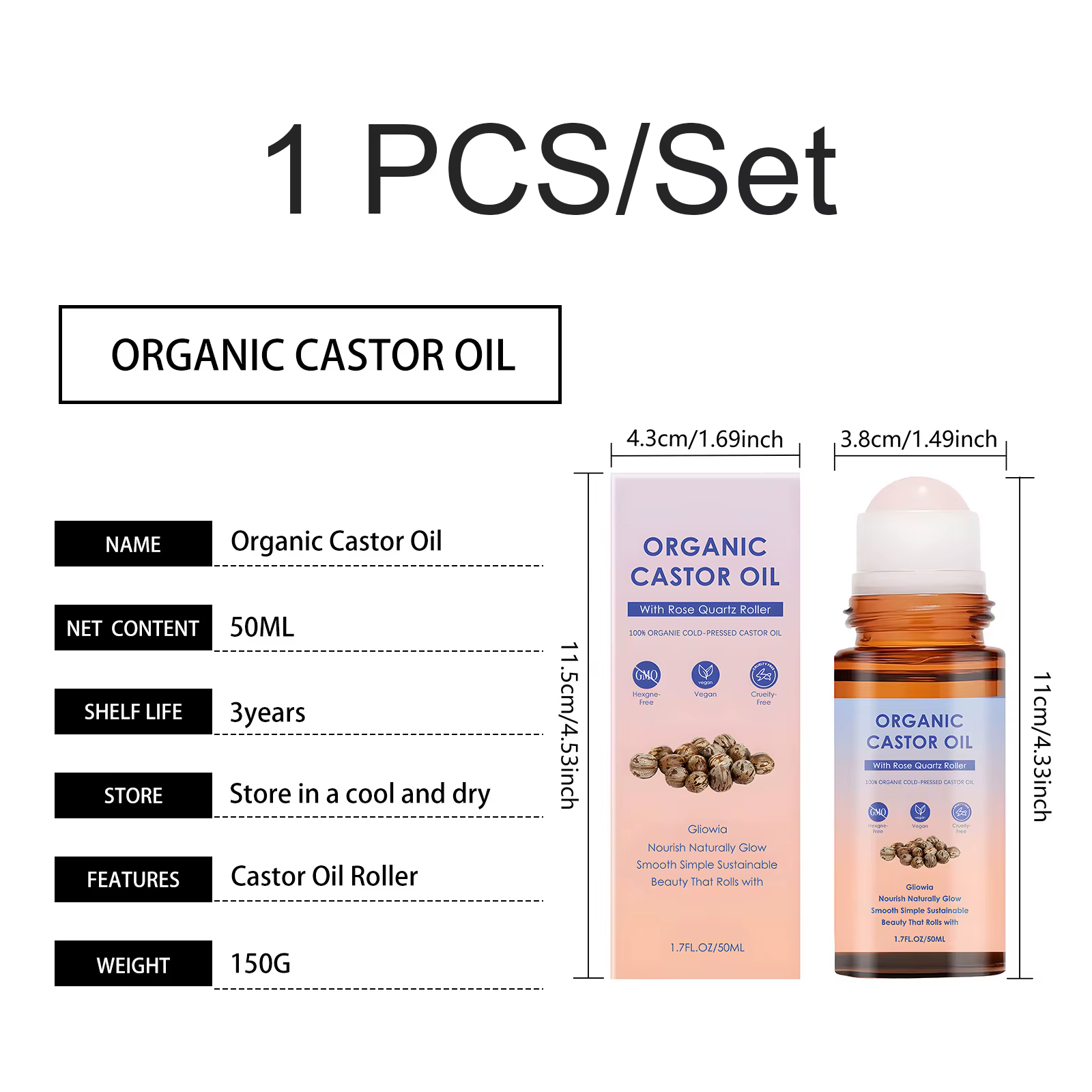 Huile de ricin biologique avec rouleau en quartz rose pour le soin du visage et du corps, nourrissan