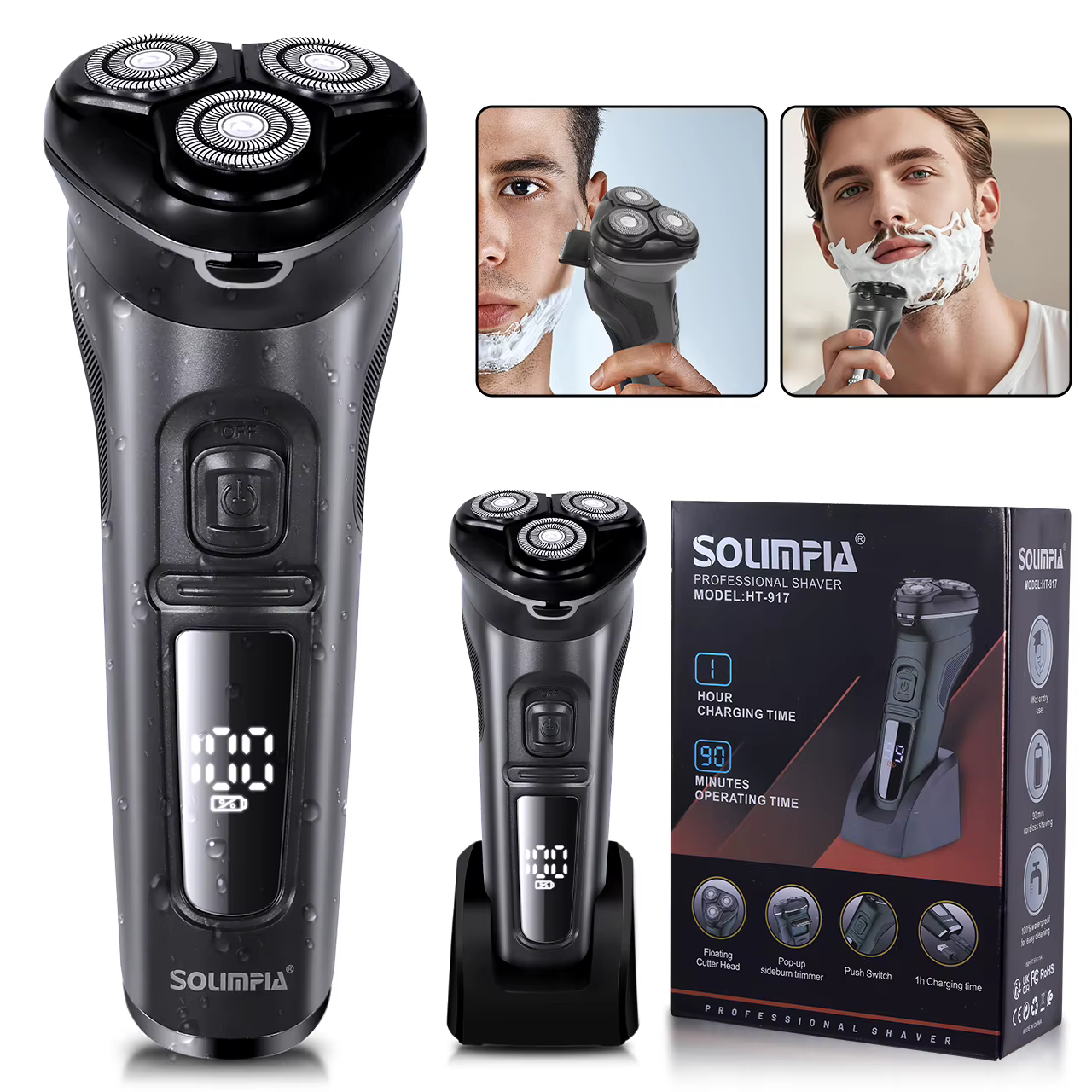 Solimpia LCD Dislay rasoir électrique étanche pour hommes humide sec cou barbe rasoir électrique Mac