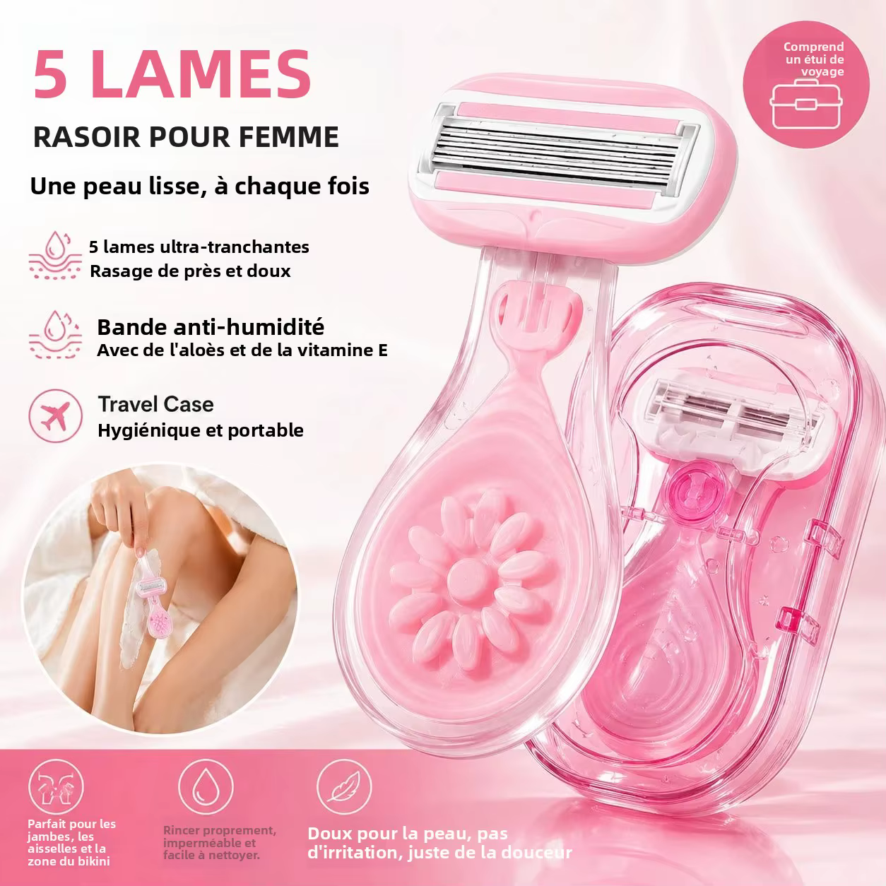 Rasoir pour femmes à 5 lames, rasoir de rasage réutilisable pour femmes, rasoir pour les jambes, les