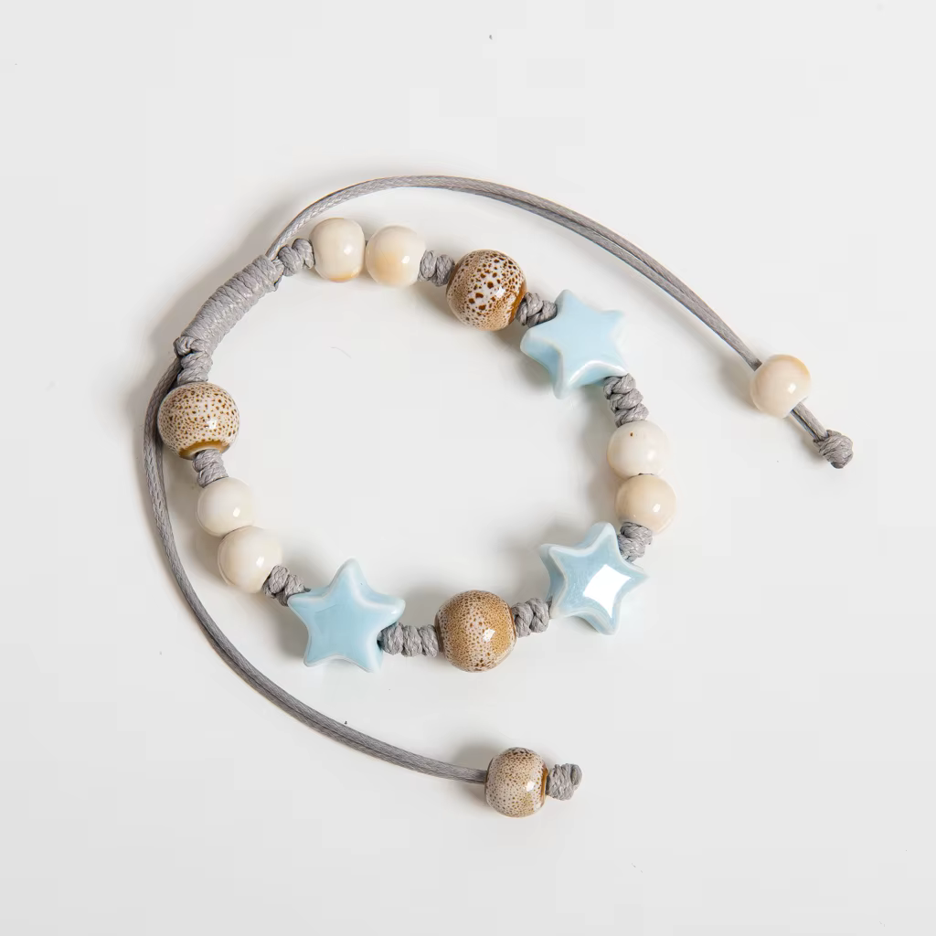 Bracelet de perles en céramique blanche et bleue tissé à la main, cordon de cire réglable, Style eth
