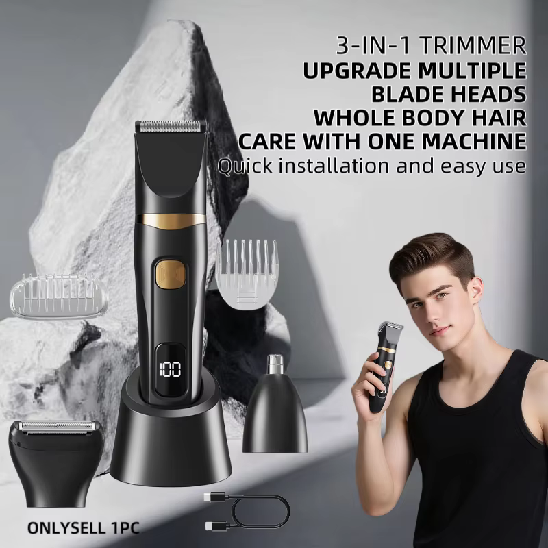 Tondeuse corporelle 3-en-1 étanche pour homme avec lames en céramique détachables pour usage quotidi