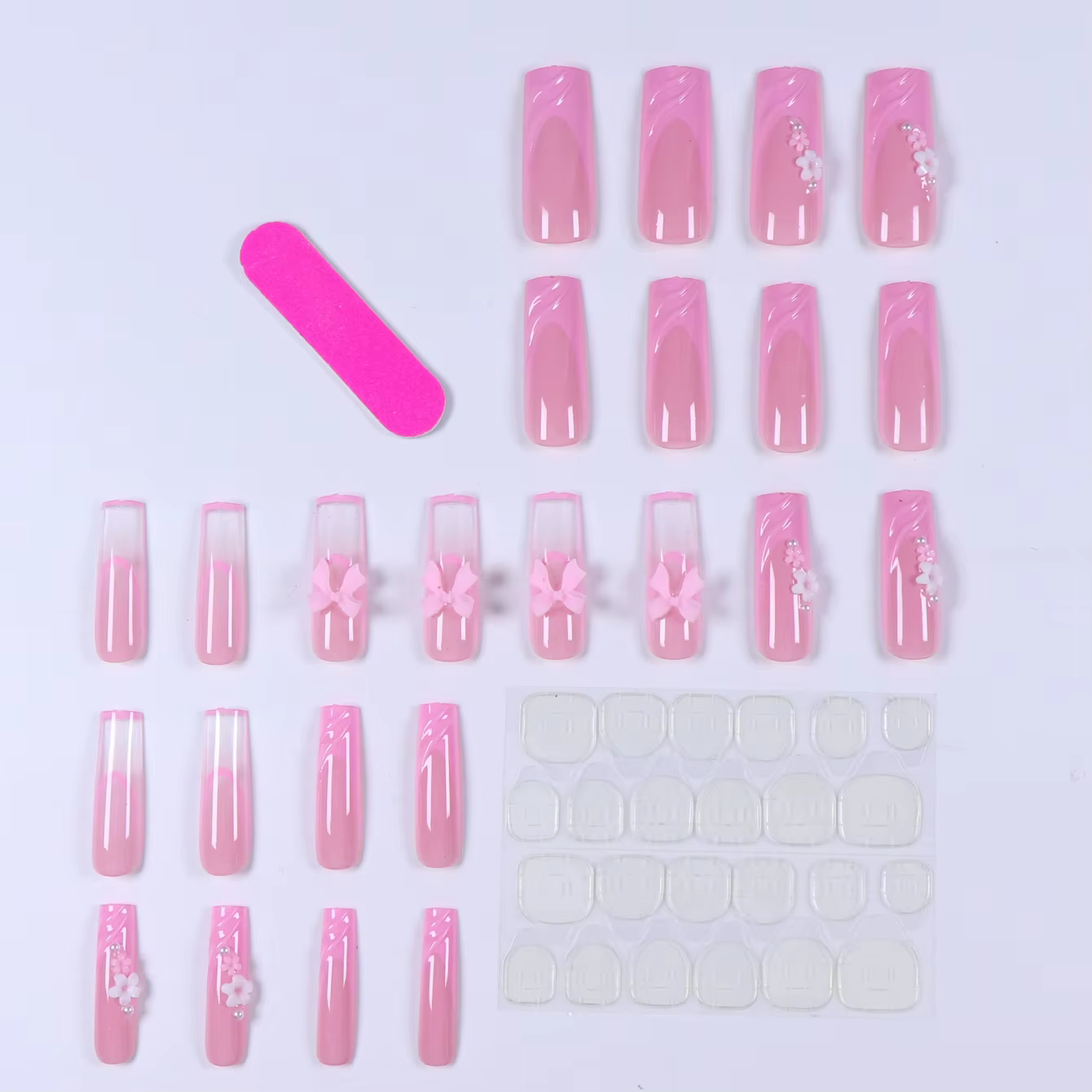 24 pièces- Faux ongles longs en forme de cercueil, papillon tridimensionnel rose, décoration florale