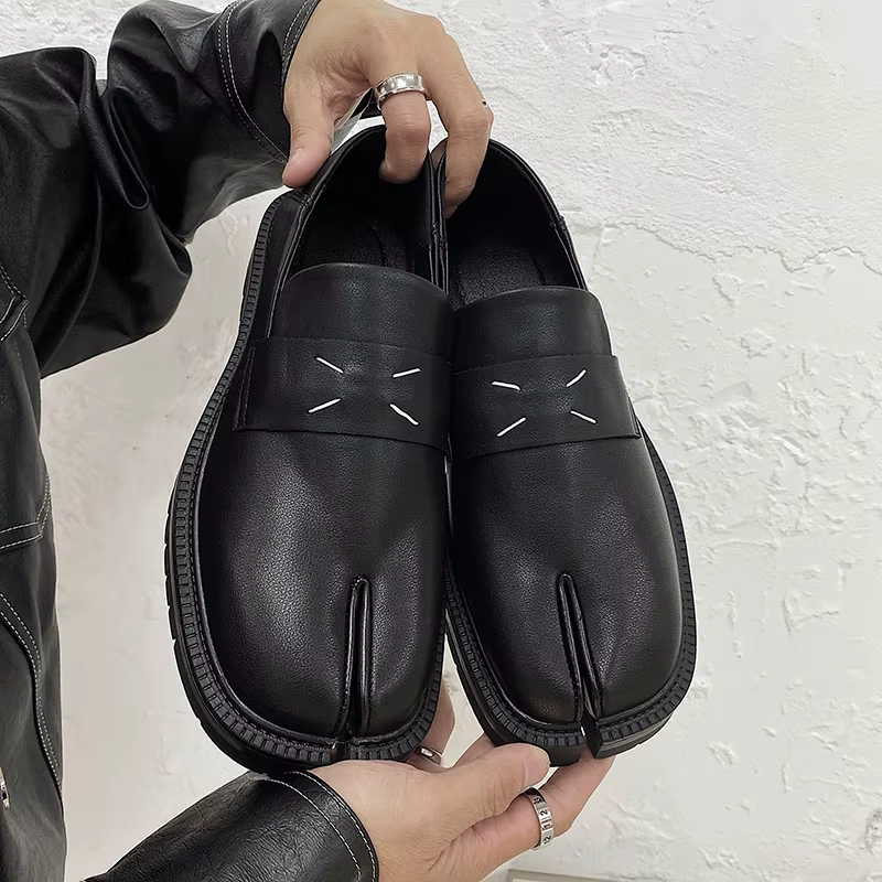 Mocassins en cuir à semelle épaisse pour hommes, chaussures à bout bas avec bout fendu, chaussure ta