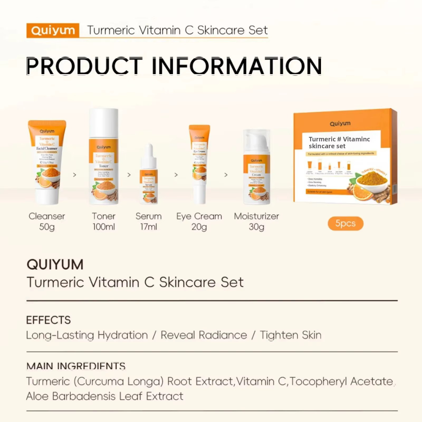 Kit Facial au curcuma à la vitamine C, raffermissement hydratant, ensemble de 5 pièces, Toner de lav